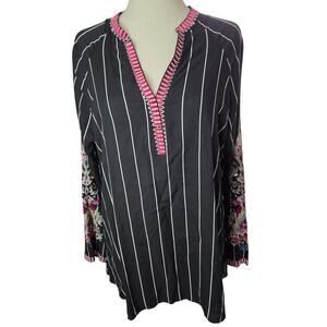 Liza Byrd Black Striped Tunic Top Embroidery Resortwear Artsy Modern Boho